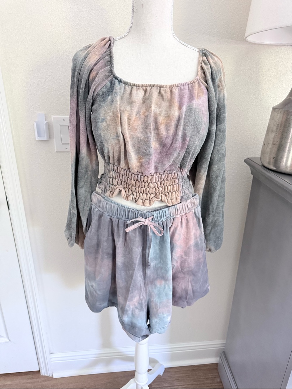 Tie-Dye Long Sleeve Smocked Waist Top - Pastel Multi shorts outfit